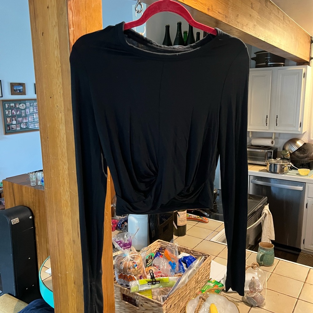 Aerie Black Long Sleeve Tie Front Crop Blouse - Picture 1 of 4
